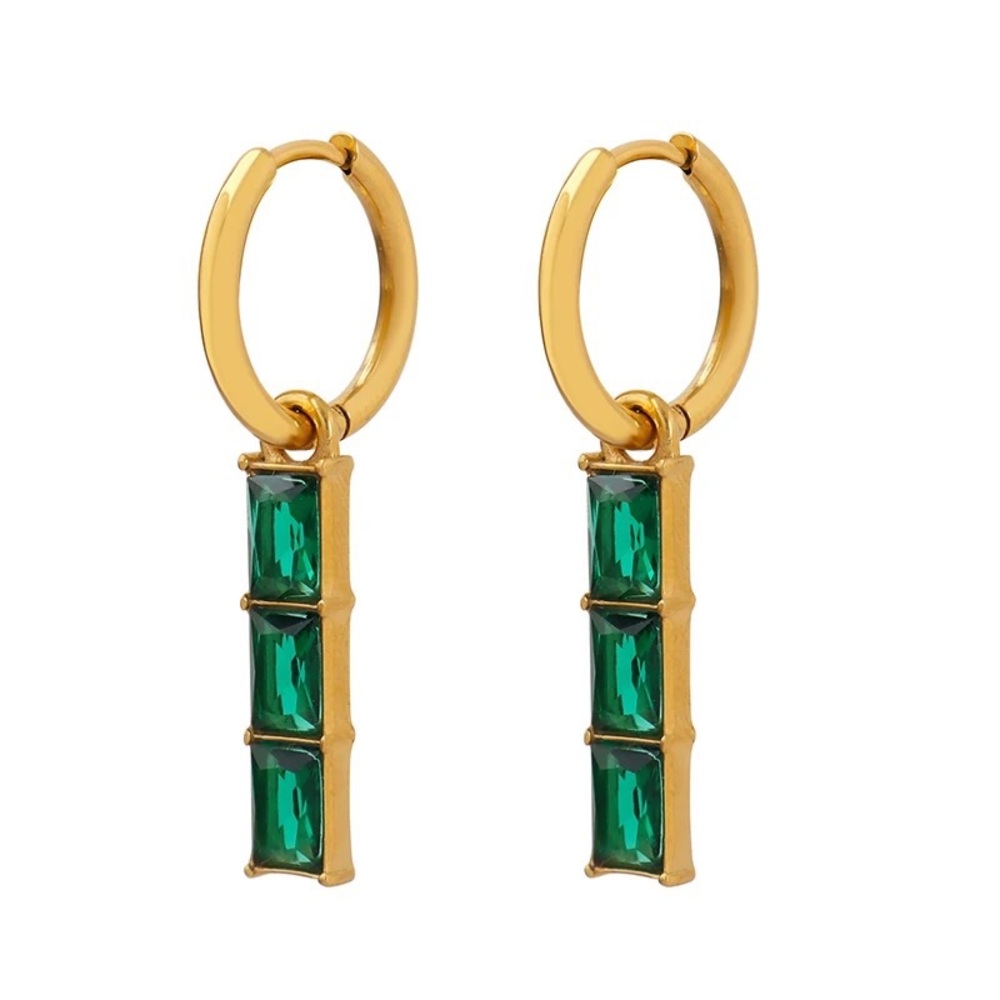 Gold-tone stainless steel earrings adorned with three emerald like square gems